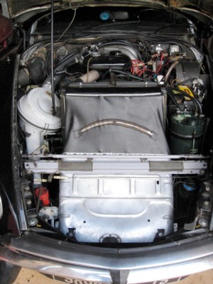 Engine in car Citroen DS23ie oil pump, classic car holidays France, Citroen DS hire France