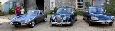 Classic Jaguars and Citroen DS in France on holiday